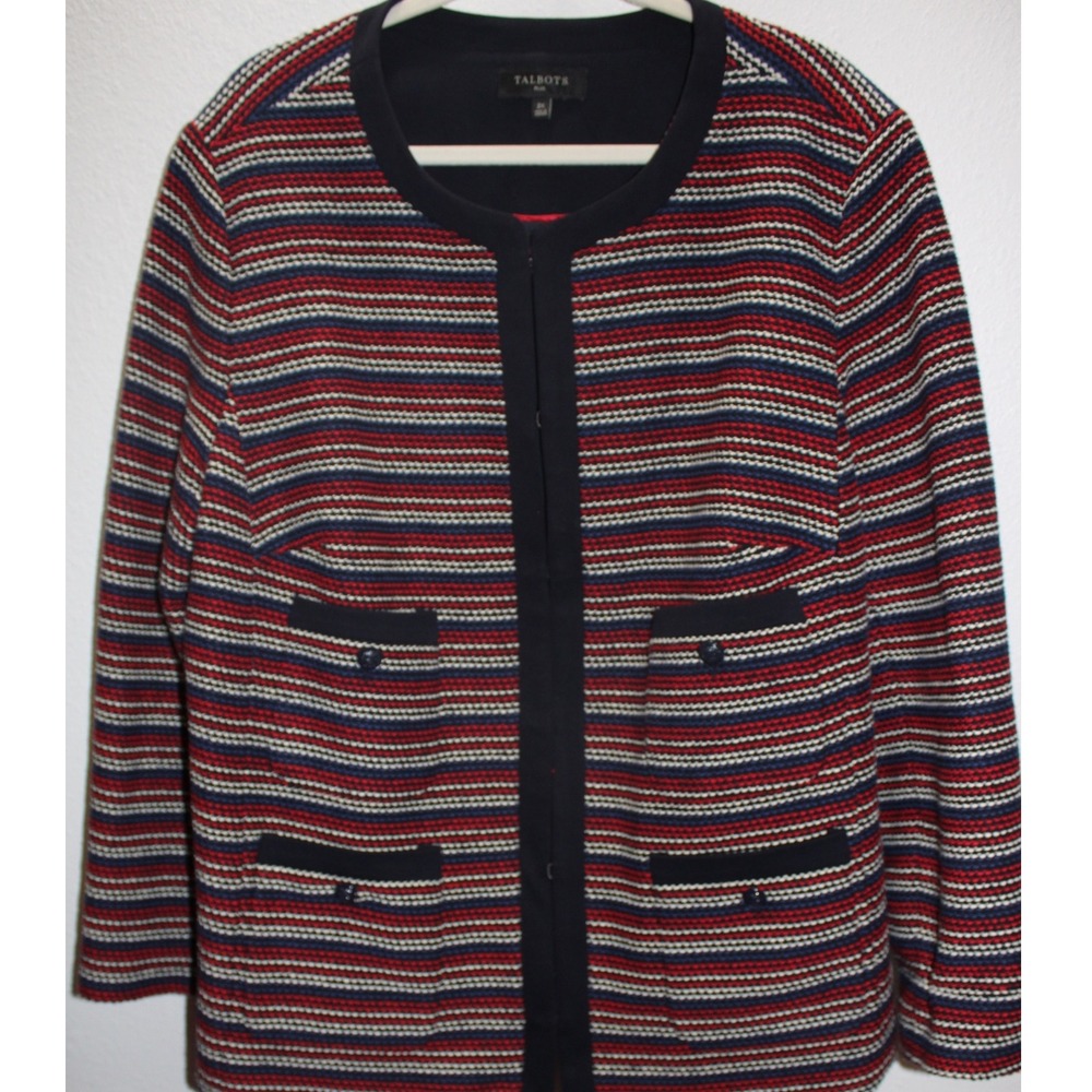 Talbots Plus 2X Navy Red White Striped Open Front Collarless Jacket Blazer - Picture 3 of 9